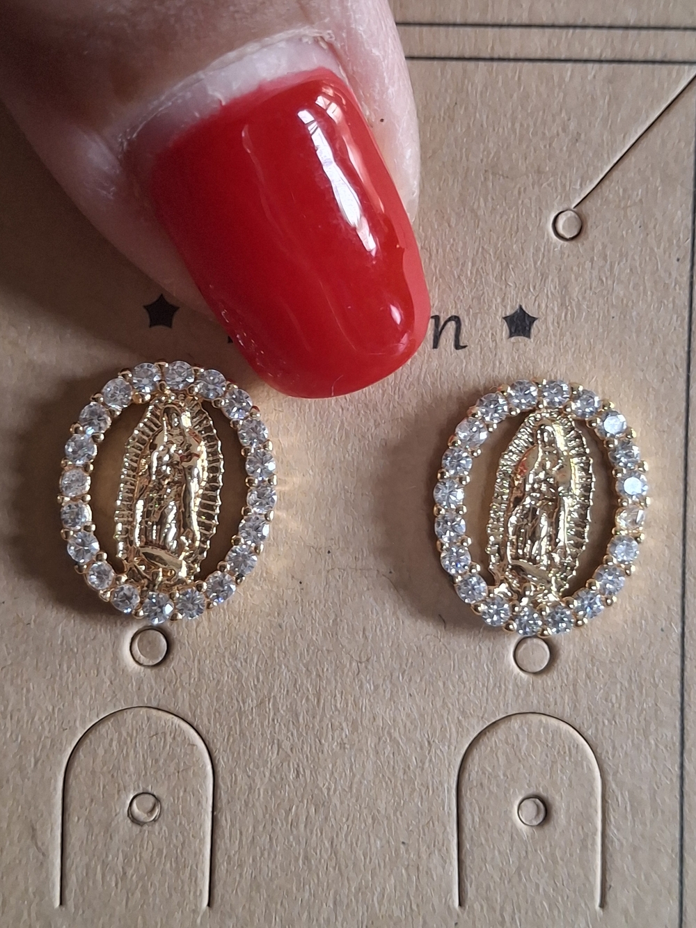 Gold Oval Virgin Mary Crystal Halo Earrings - Unbranded
